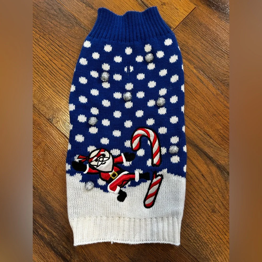 Ninja Santa, Candy Cane, Snowflake Dog Sweater, Red/White/Blue, Small Dog Outfit